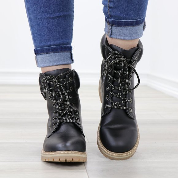 Woman's Faux Leather Lug-Sole Combat Ankle Boots - Picture 10 of 12